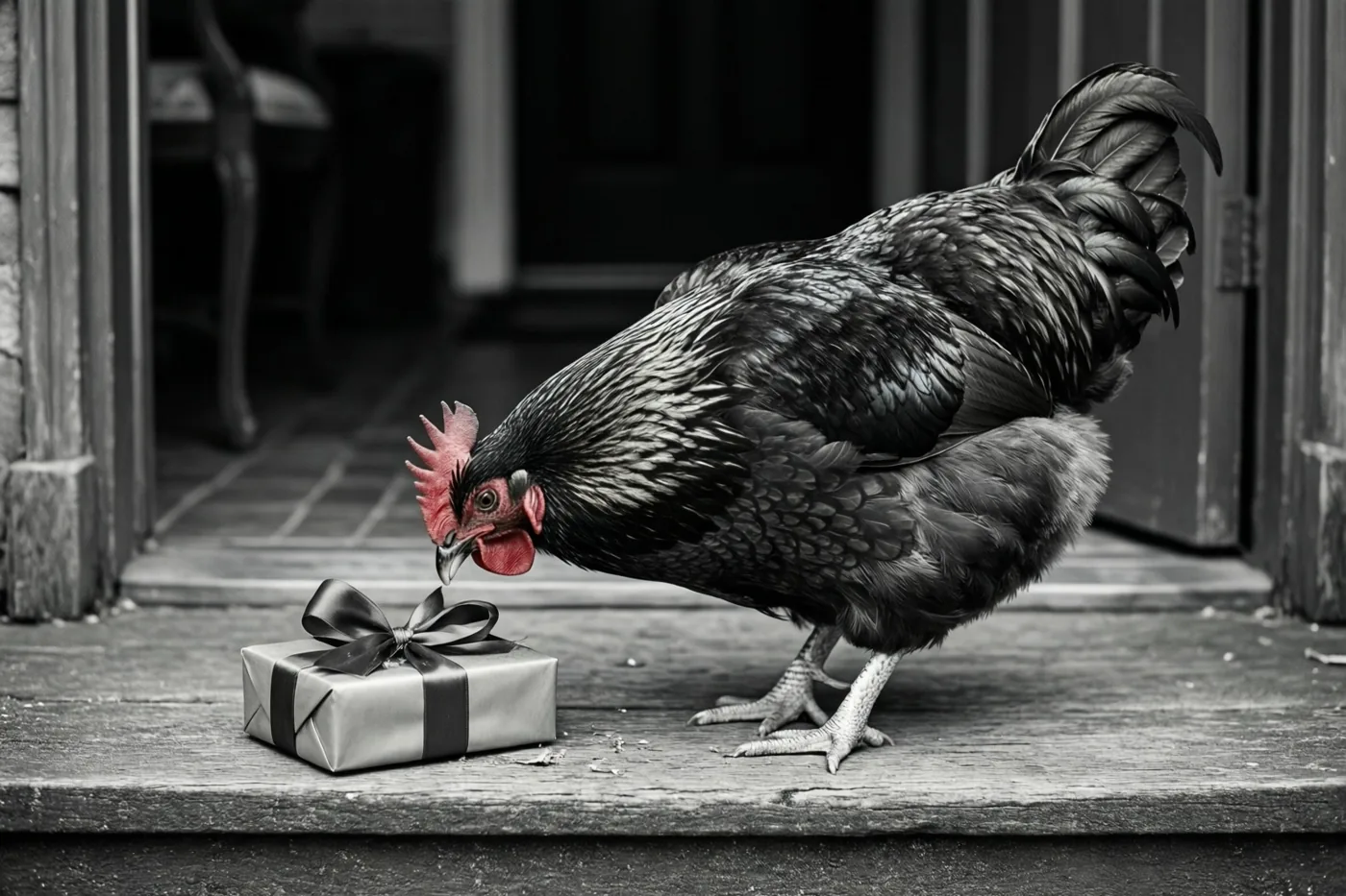 Een zwarte kip pikt aan een klein cadeaudoosje met strik op een houten drempel, op een foto in zwart-wit.