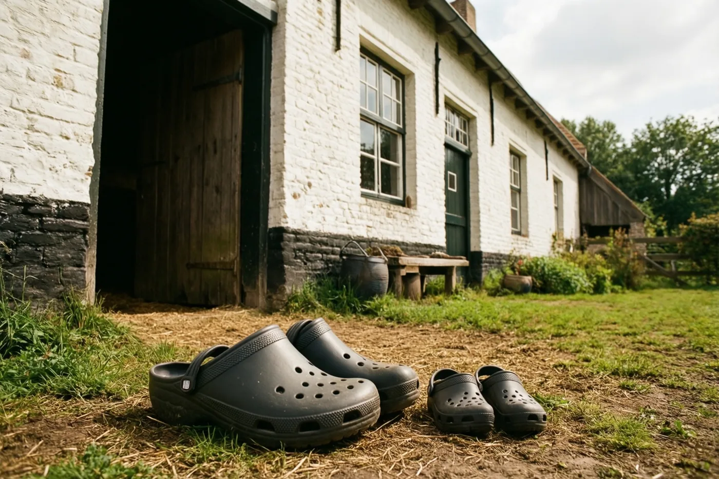 Een groot en een klein paar zwarte klompen staan op gras en aarde voor een witgekalkte Vlaamse hoeve met een houten schuurdeur.