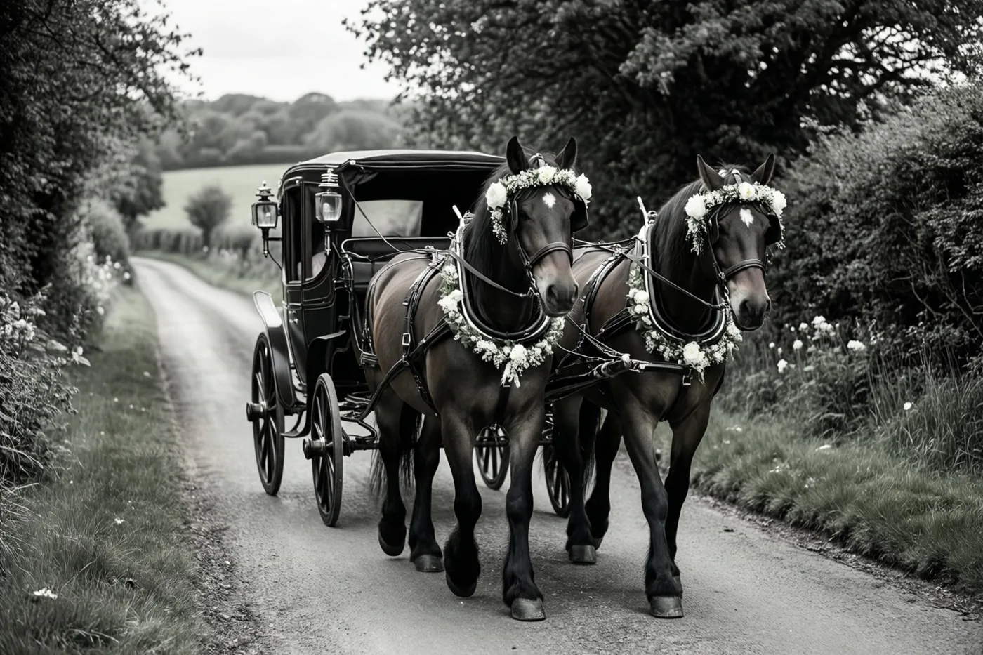 Een monochrome foto toont twee donkere paarden met witte bloemenslingers voor een klassieke zwarte koets op een smalle landweg langs bomen en gras.