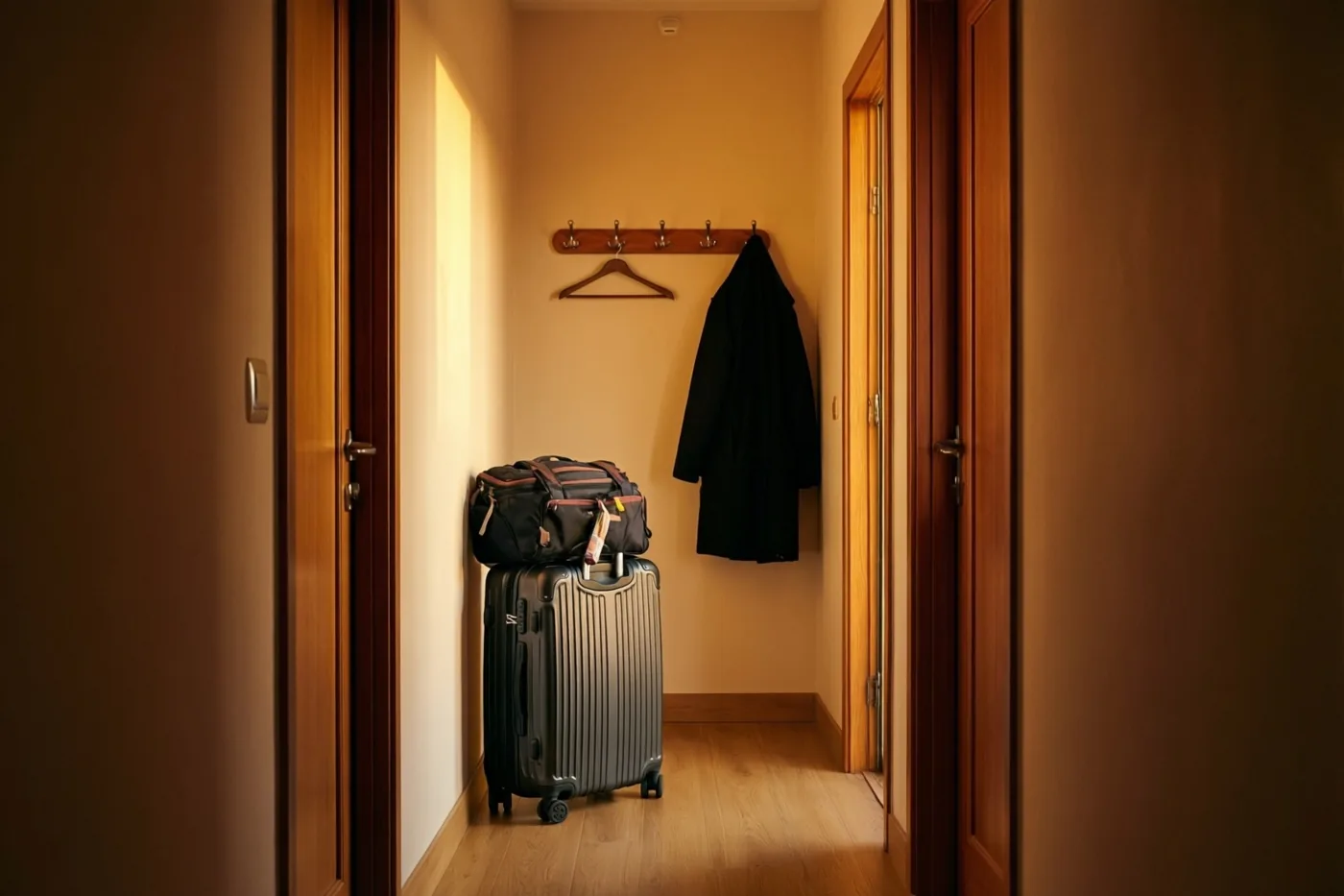Een zwarte koffer met een reistas erop staat in een smalle gang met houten deuren, lichte muren en een lege houten kapstokhaak in warm goudkleurig licht.