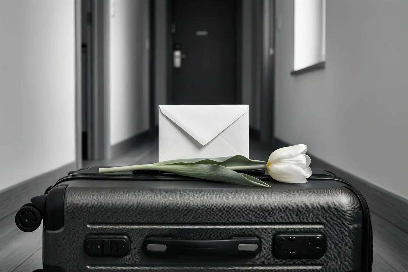 Een witte envelop en een enkele witte tulp liggen op een zwarte koffer in een minimalistische hal, weergegeven in monochrome tinten met een kleuraccent.