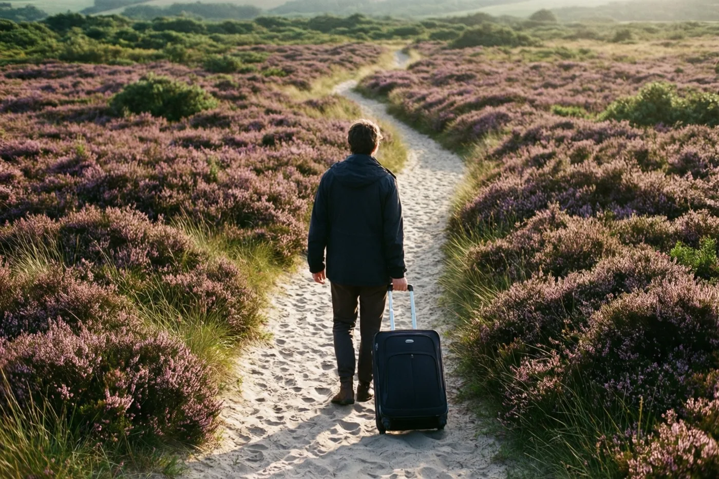 Een persoon loopt met de rug naar de kijker over een zandpad door paarse heide en trekt een zwarte koffer mee in warm gouden zonlicht.