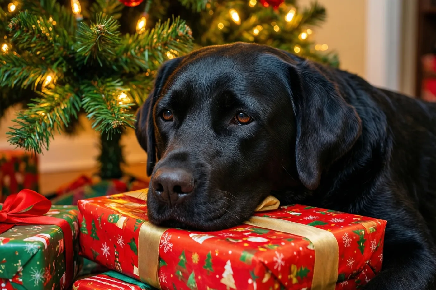 Een zwarte labrador legt zijn kop op een stapel ingepakte kerstcadeaus naast een kerstboom met warme lichtjes.
