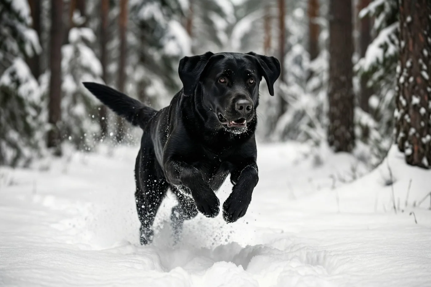 Een zwarte labrador springt door diepe sneeuw in een dennenbos met donkere boomstammen.