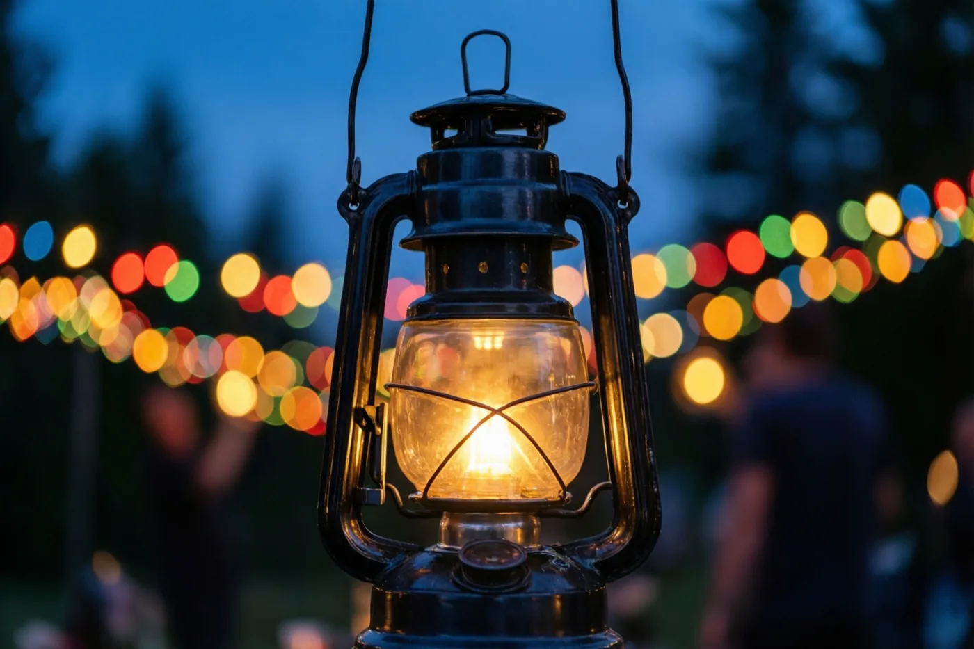 Een brandende zwarte lantaarn staat scherp voor onscherpe gekleurde feestlichtjes, een diepblauwe schemerhemel en silhouetten van bomen.