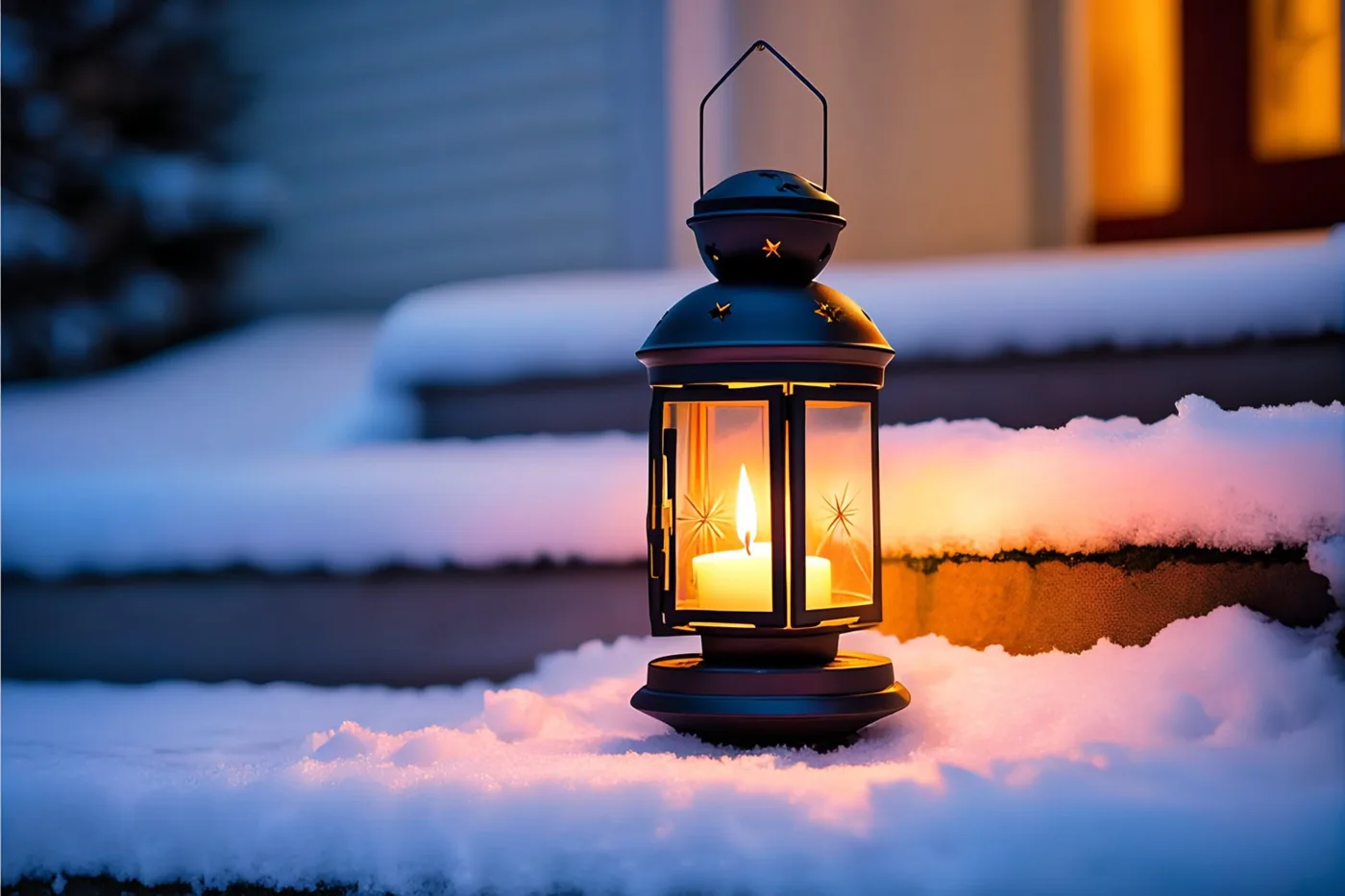 Een zwarte metalen lantaarn met een brandende kaars staat op een besneeuwde trede voor een huis in het donker, met warm licht op de sneeuw.