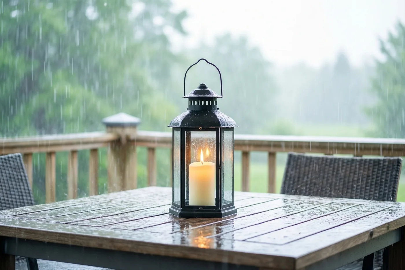 Een zwarte lantaarn met een brandende kaars staat op een natte houten tafel op een overdekt terras, met regen en wazig groen op de achtergrond.