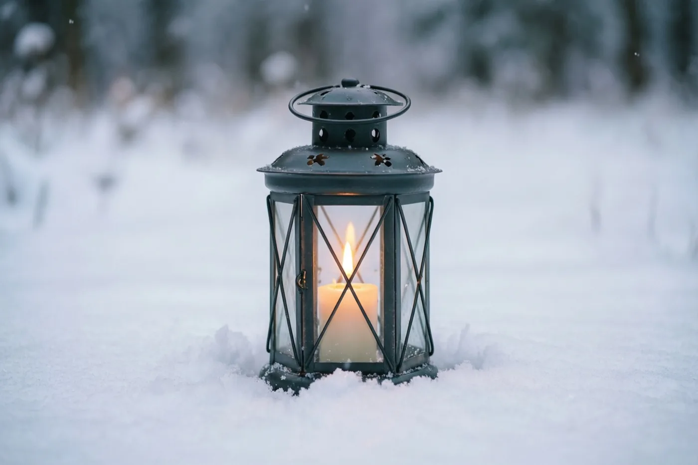 Een kleine zwarte metalen lantaarn met een brandende kaars staat in diepe, verse sneeuw tegen een onscherpe winterse achtergrond.