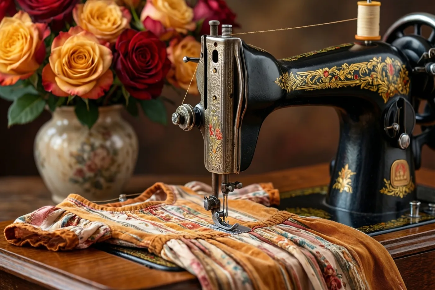 Een oude zwarte naaimachine met gouden bloemendetails staat op een houten tafel met bedrukte stof onder de naald en een vaas rode en gele rozen op de achtergrond.