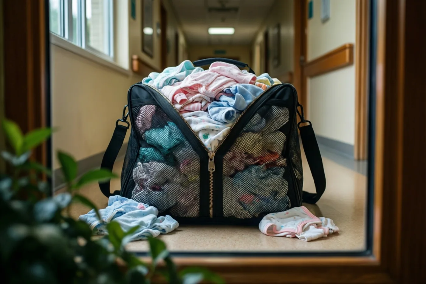 Door een raam met een houten kader is een zwarte tas van netstof vol kleurrijke babykleertjes te zien op de vloer van een fel verlichte ziekenhuisgang met beige muren en houten leuningen.