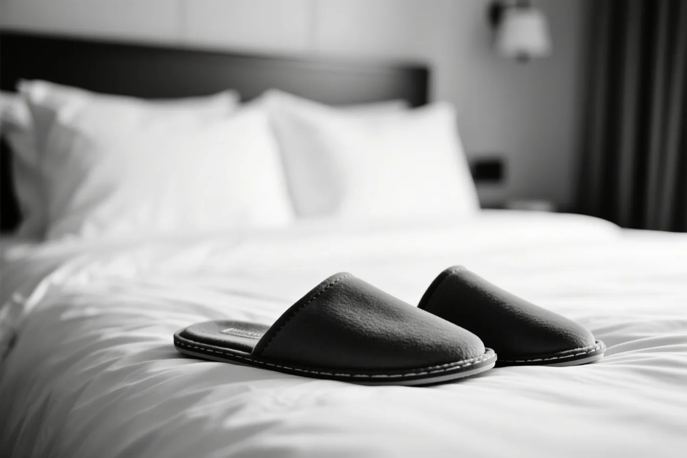 Een paar zwarte pantoffels ligt op een witte bedsprei in een slaapkamer die in zwart-wit is weergegeven.
