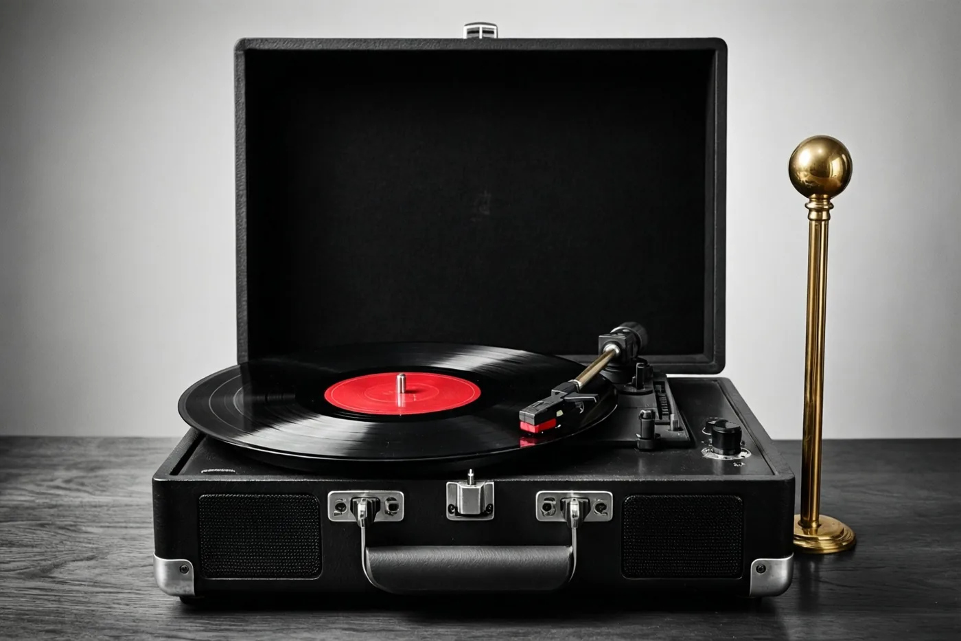 Een open zwarte draagbare platenspeler met een rode vinylplaat staat op donker hout naast een gouden staf met een bol bovenaan, tegen een grijze achtergrond.