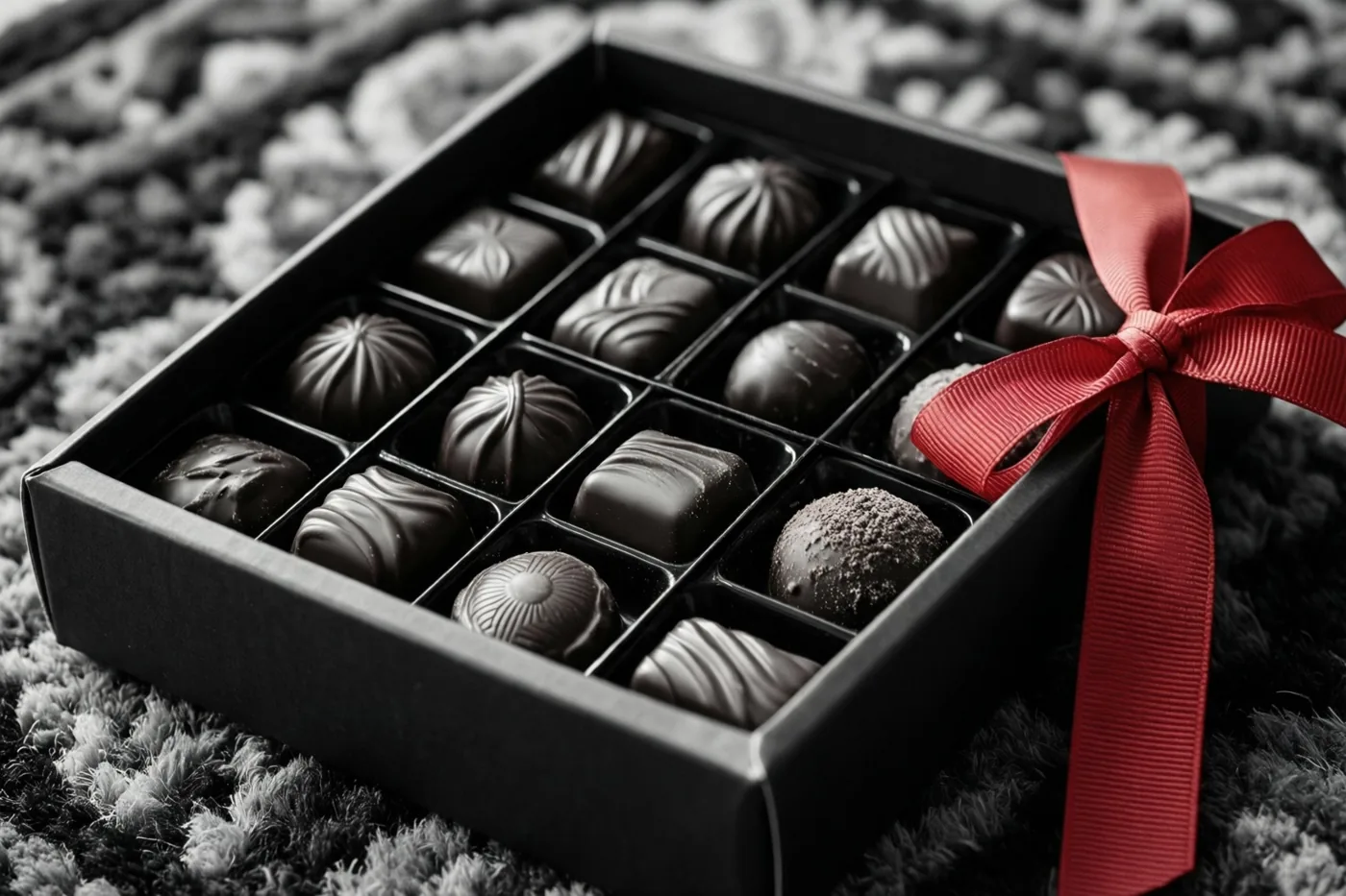 Een zwarte doos Belgische pralines met een rood lint staat op een deurmat, in een grotendeels monochroom beeld waarin het lint fel afsteekt.