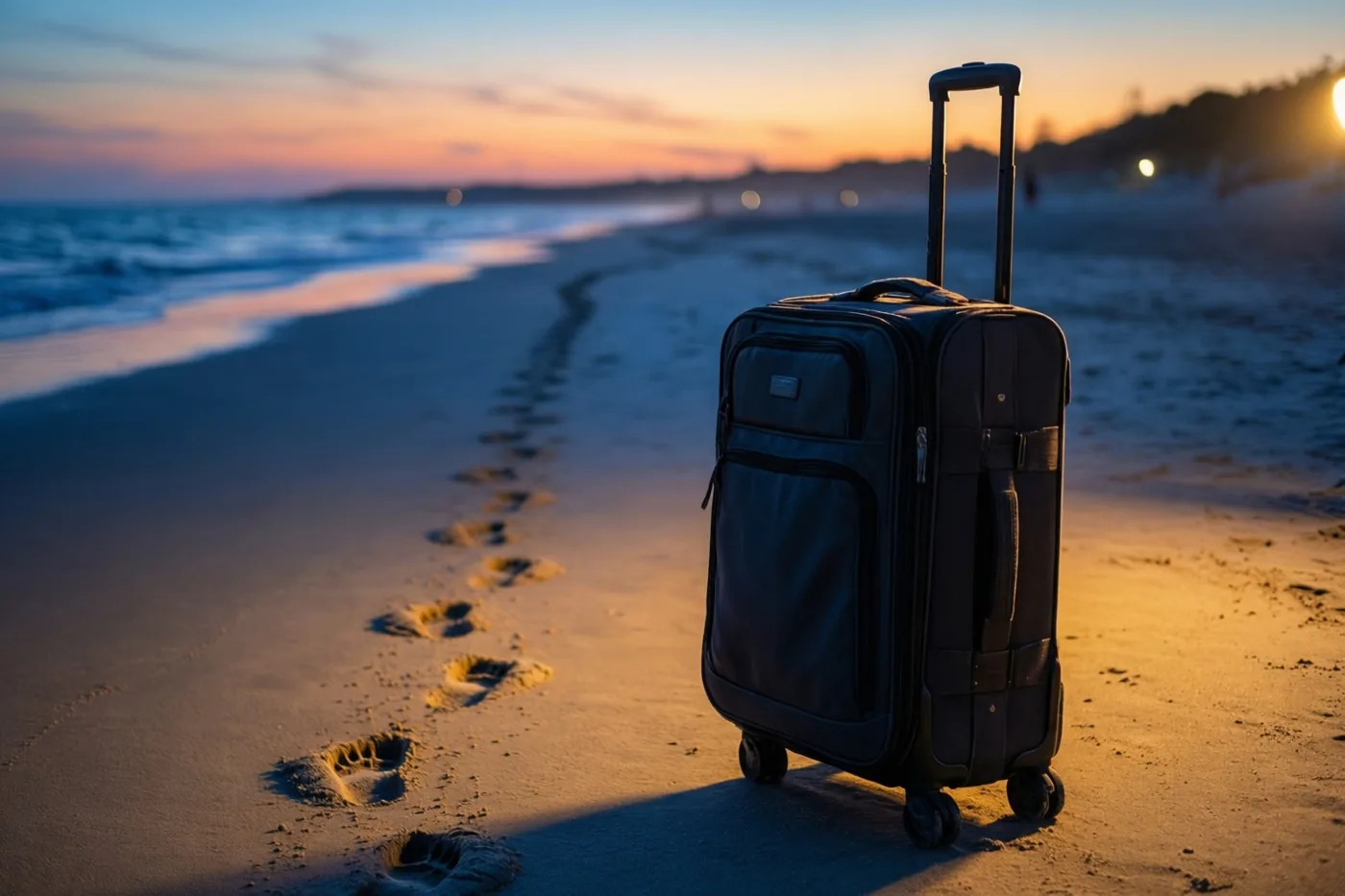 Een zwarte rolkoffer staat bij zonsondergang op een breed zandstrand, met voetsporen naar de waterlijn en warme oranje en blauwe tinten.