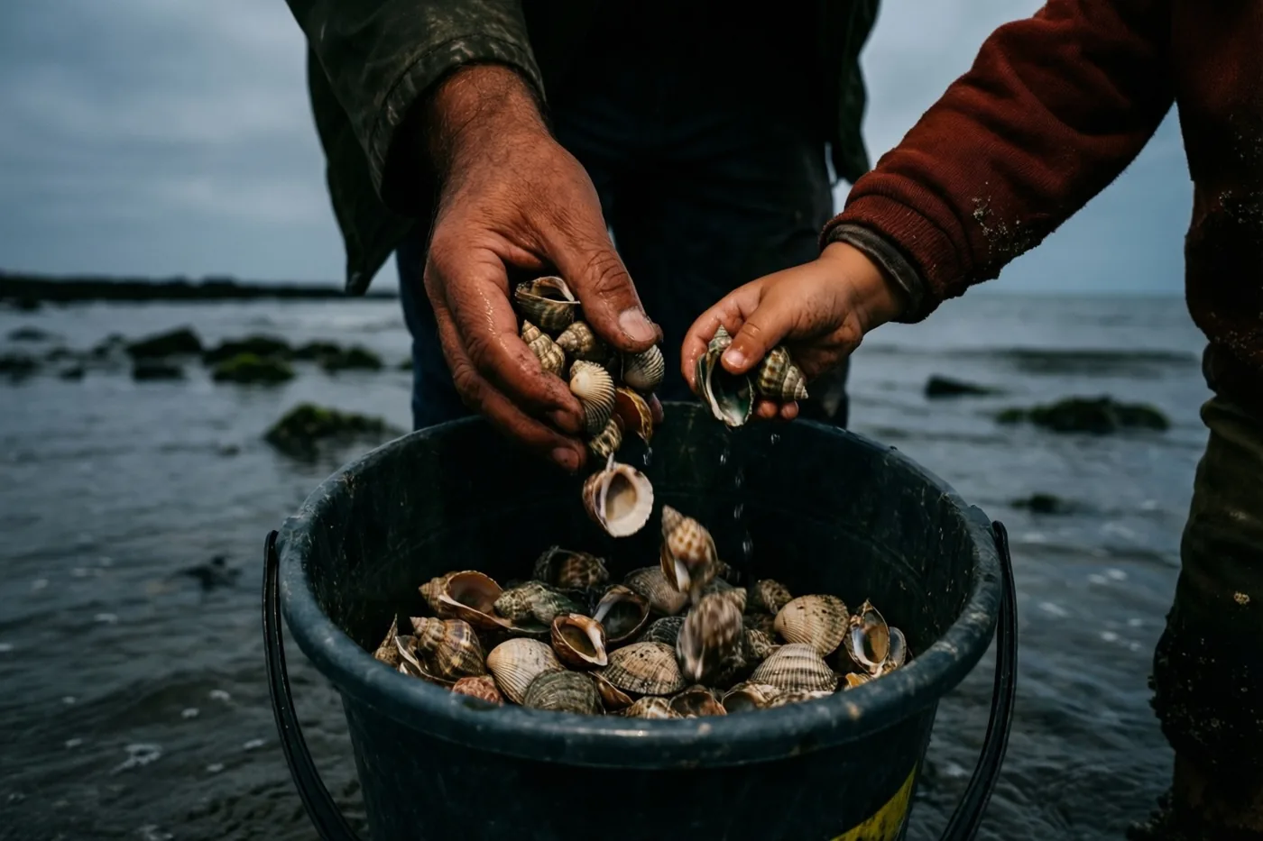 Een volwassen hand en een kinderhand laten schelpen in een zwarte emmer vallen aan de waterlijn bij eb, tegen een bewolkte kustachtergrond in grijze en bruine tinten.