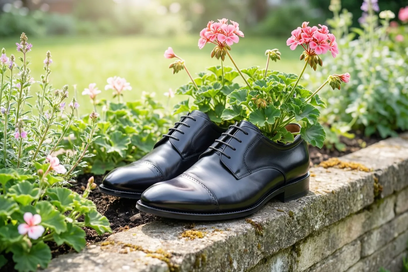 Een paar opgepoetste zwarte kantoorschoenen staat op een stenen tuinmuur, met roze geraniums uit de neus van één schoen en zonnig gras en bloemen op de achtergrond.