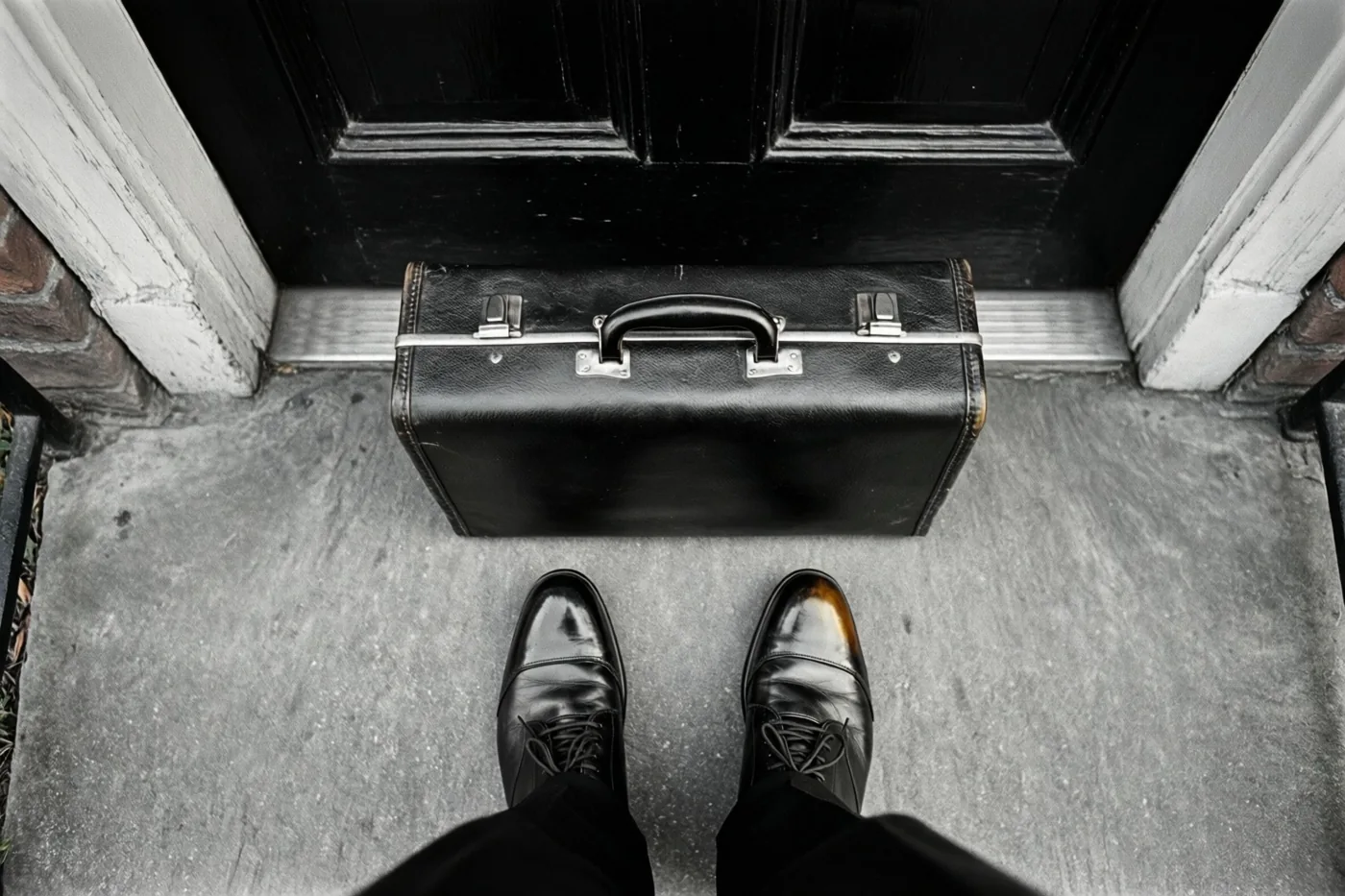 Van bovenaf zijn gepoetste zwarte schoenen en een zwarte leren aktetas op een betonnen drempel te zien, met een donkere voordeur erachter in gedempte monochrome tinten.