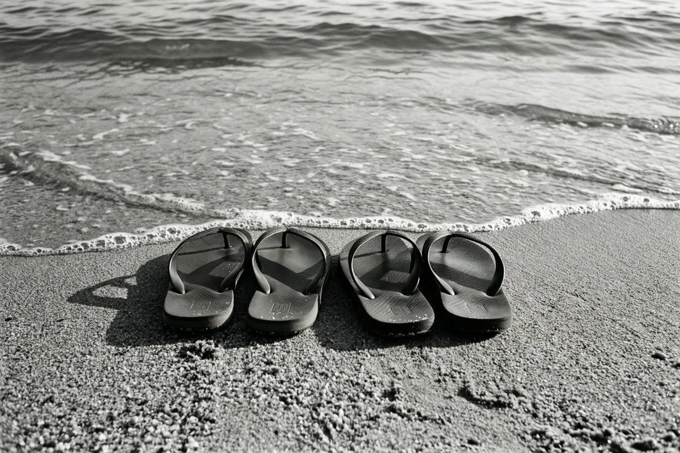 Twee paar zwarte teenslippers liggen naast elkaar op nat zand bij zachte golven aan de waterlijn, op een zwart-witfoto.