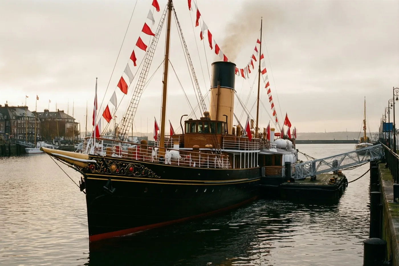 Een stoomboot met een zwarte romp, gouden versieringen en rode en witte vlaggen langs masten en relingen ligt onder een grijze hemel aan een havenkade.