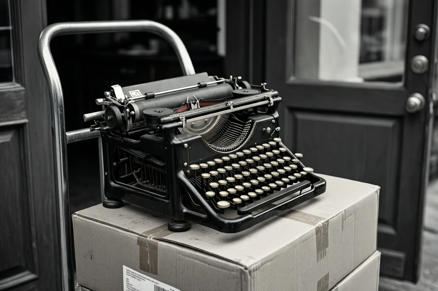 Een oude zwarte typemachine staat op gestapelde kartonnen verhuisdozen op een metalen steekwagen bij een donkere houten deur, weergegeven in monochrome tinten.