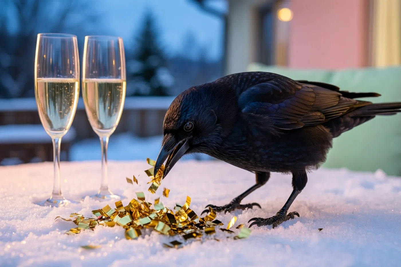 Een zwarte vogel pikt naar gouden confetti op een besneeuwd terras naast twee lege champagneglazen, in zacht blauw en roze licht.