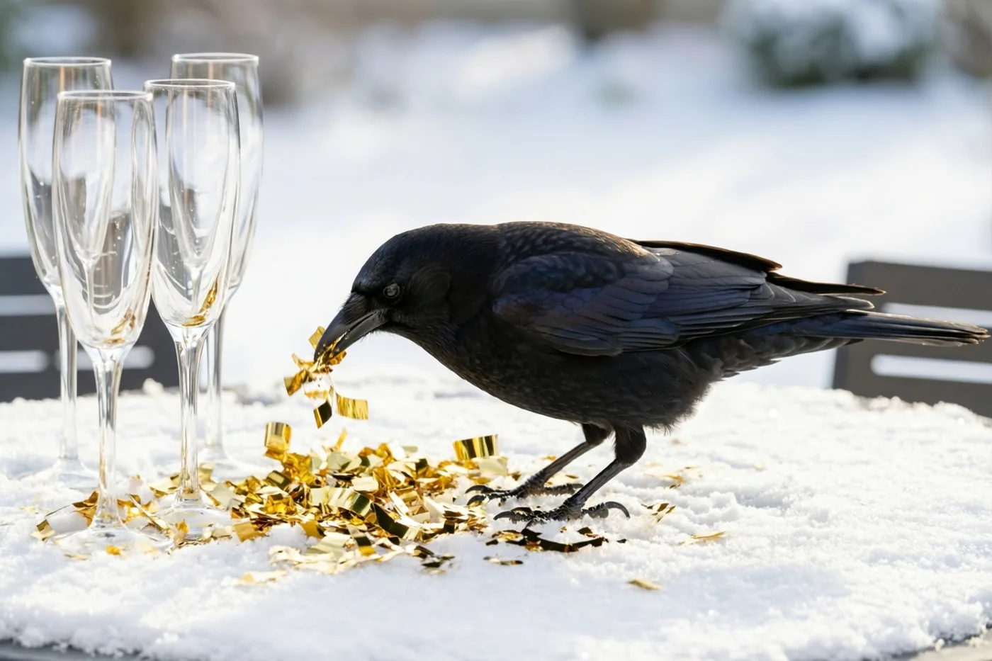 Een zwarte vogel pikt naar gouden confetti op een besneeuwd terras naast vier lege champagneglazen in helder daglicht.