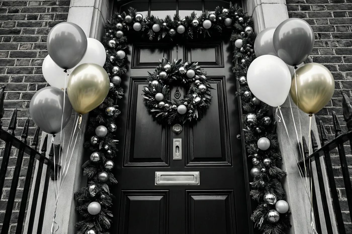 Een zwarte voordeur in een bakstenen muur is versierd met een slinger en ballonnen in zwart, wit en goud, met een zwart metalen hek ervoor.