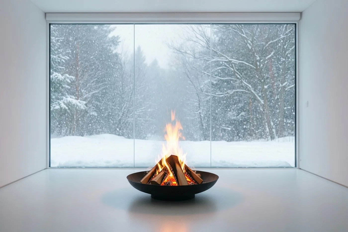 Een klein vuur brandt in een zwarte schaal op een witte vloer in een kamer met witte muren, voor een grote glazen wand met zicht op een besneeuwd bos.