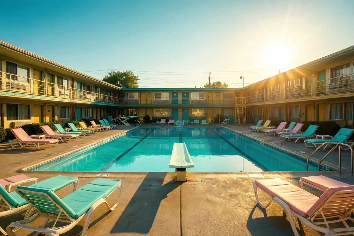 Een motelzwembad in retrostijl met pastelgekleurde ligstoelen ligt op een zonnige binnenplaats tussen motelgebouwen met twee bouwlagen.