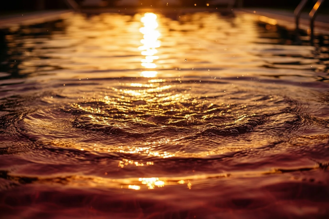 Bij zonsondergang weerspiegelen gouden, dieprode en donkerbruine tinten in het rimpelende water van een zwembad.