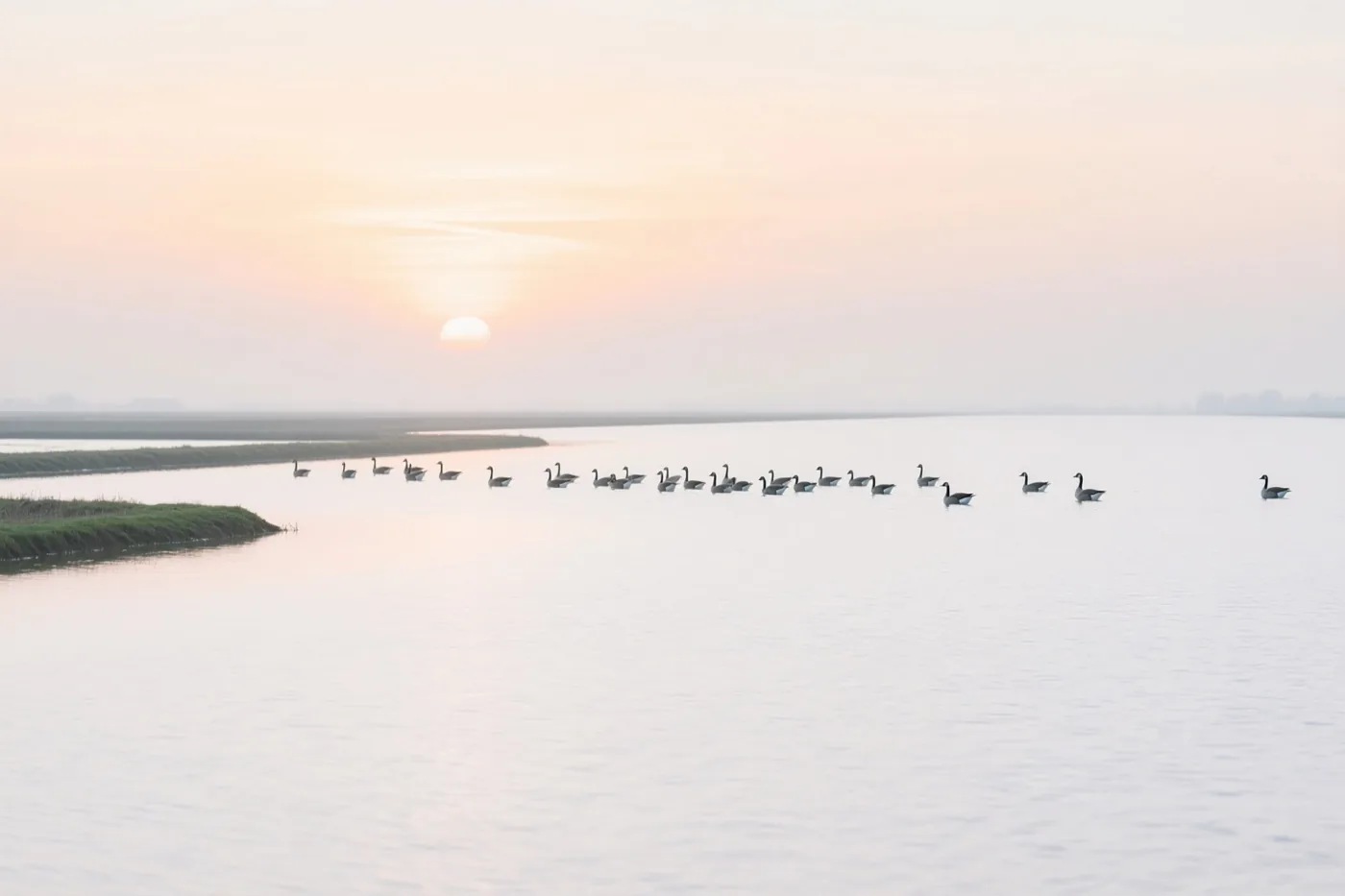 Een groep ganzen zwemt in een weids, mistig polderlandschap bij zonsondergang onder een lucht met zachte pastelkleuren.