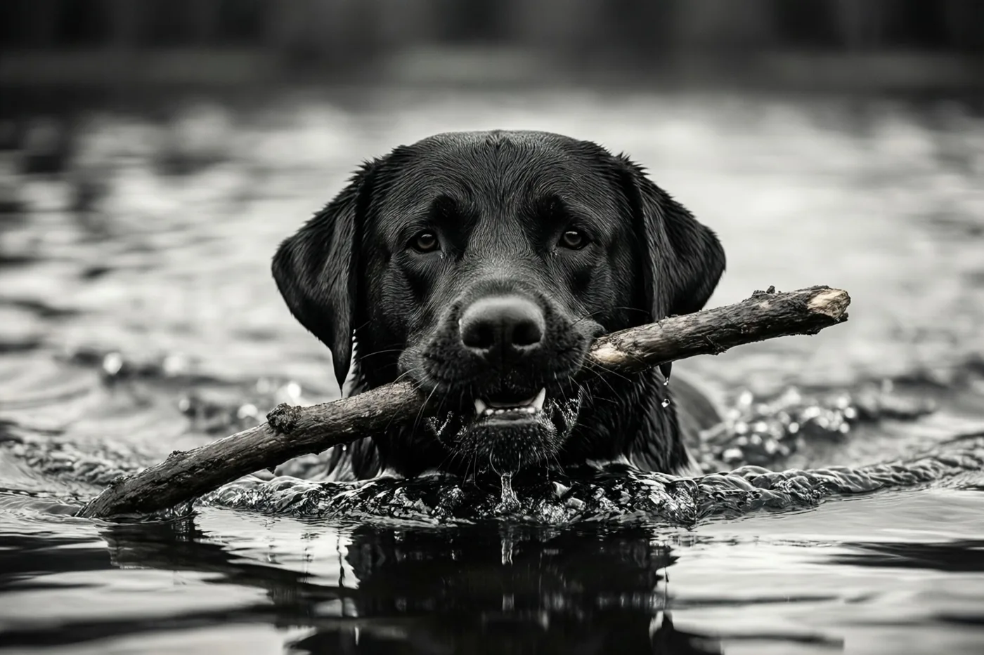 Een zwarte labrador zwemt met een stok in zijn bek in een zwart-wit beeld.