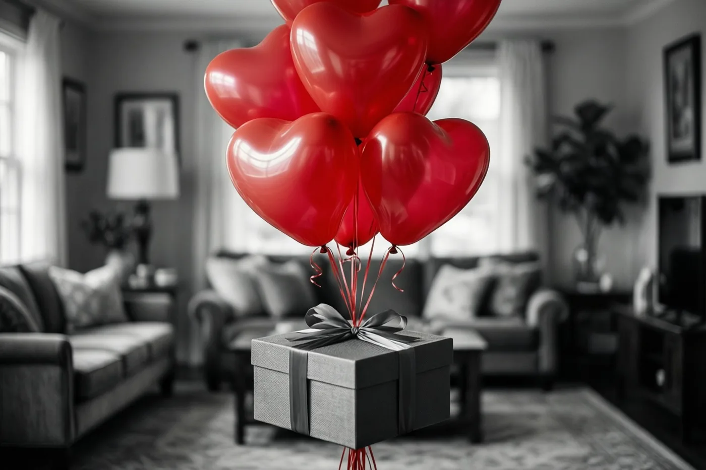 Een zilveren geschenkdoos met lint en rode hartballonnen zweeft in een monochrome woonkamer.