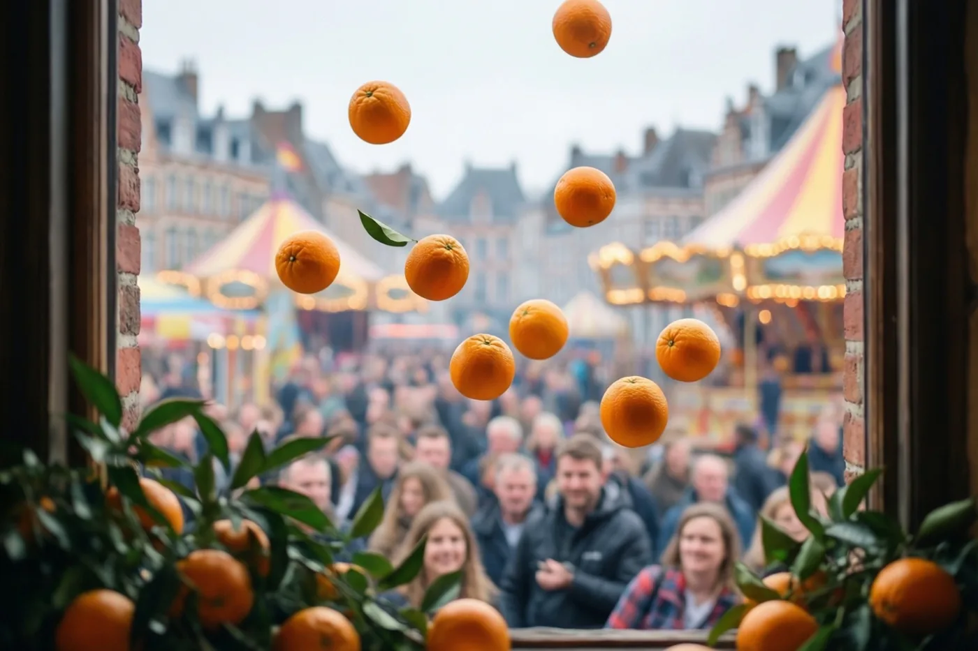 Door een raam met bakstenen omlijsting zijn zwevende sinaasappels boven een onscherpe carnavalsmenigte te zien, met groene bladeren op de voorgrond.