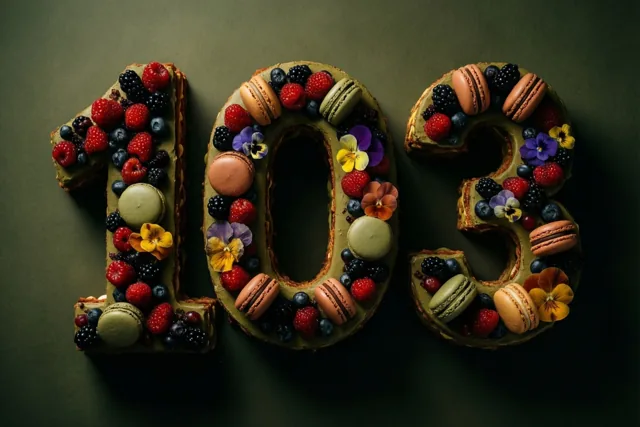 Een taart vormt 103 en is versierd met bessen, macarons en eetbare bloemen tegen een donkergroene achtergrond in zacht licht.