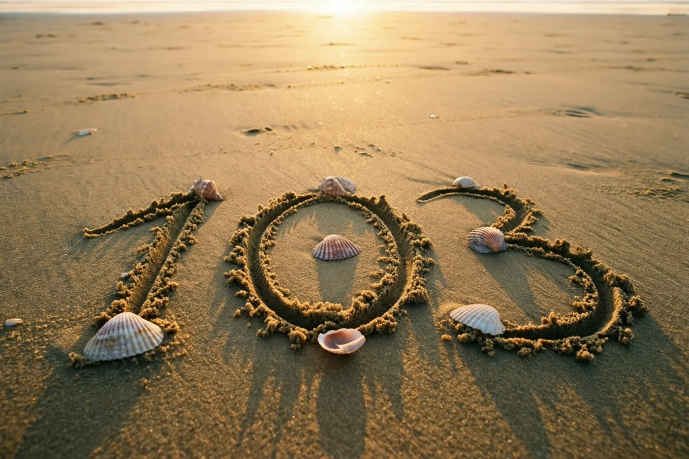 Het getal 103 is bij zonsondergang in het strandzand getekend, met schelpen rond en in de cijfers.