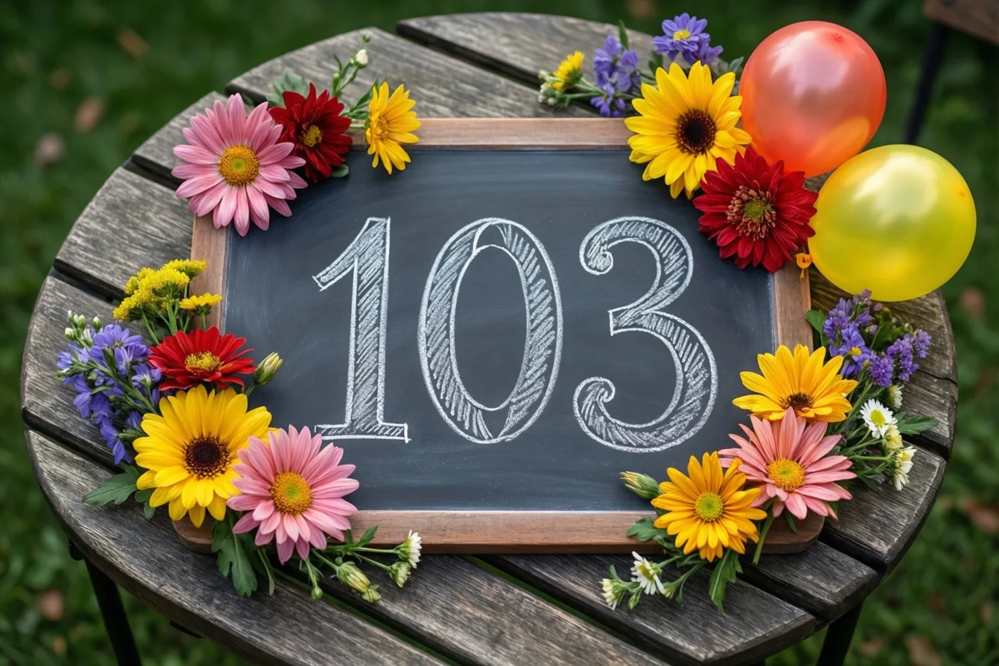 Op een houten tuintafel op een gazon staat een krijtbord met 103 in wit krijt, tussen kleurrijke bloemen en ballonnen.