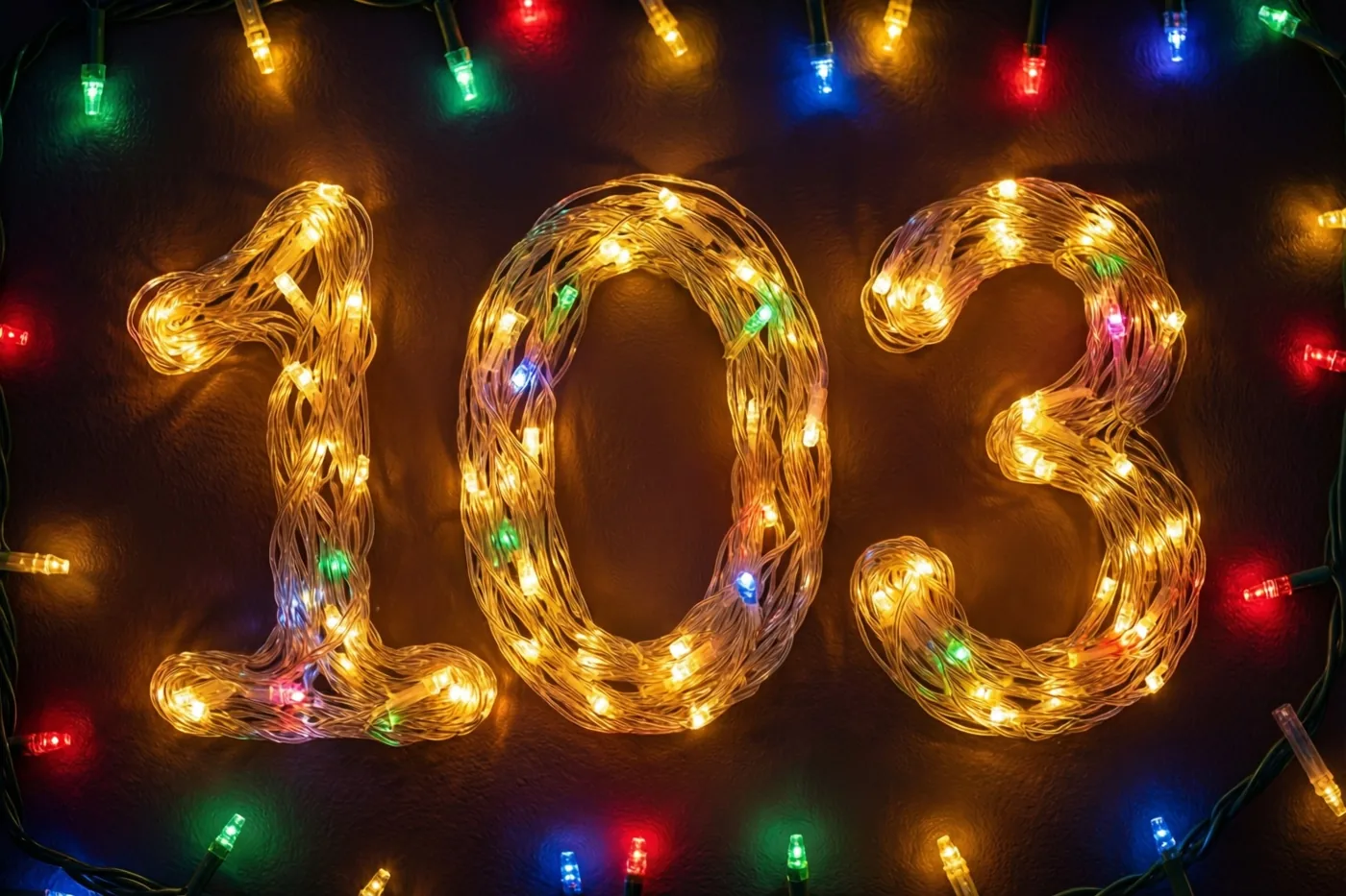 Warme lichtjes vormen 103 op een donkere muur, omringd door onscherpe gele en veelkleurige lichtvlekken.