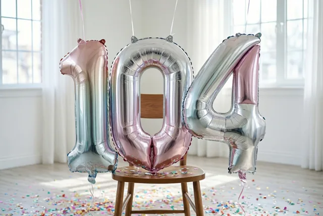 Drie glanzende folieballonnen in zilver en pastelroze vormen 104 en hangen aan een houten stoel in een zonnige kamer met confetti op de vloer.