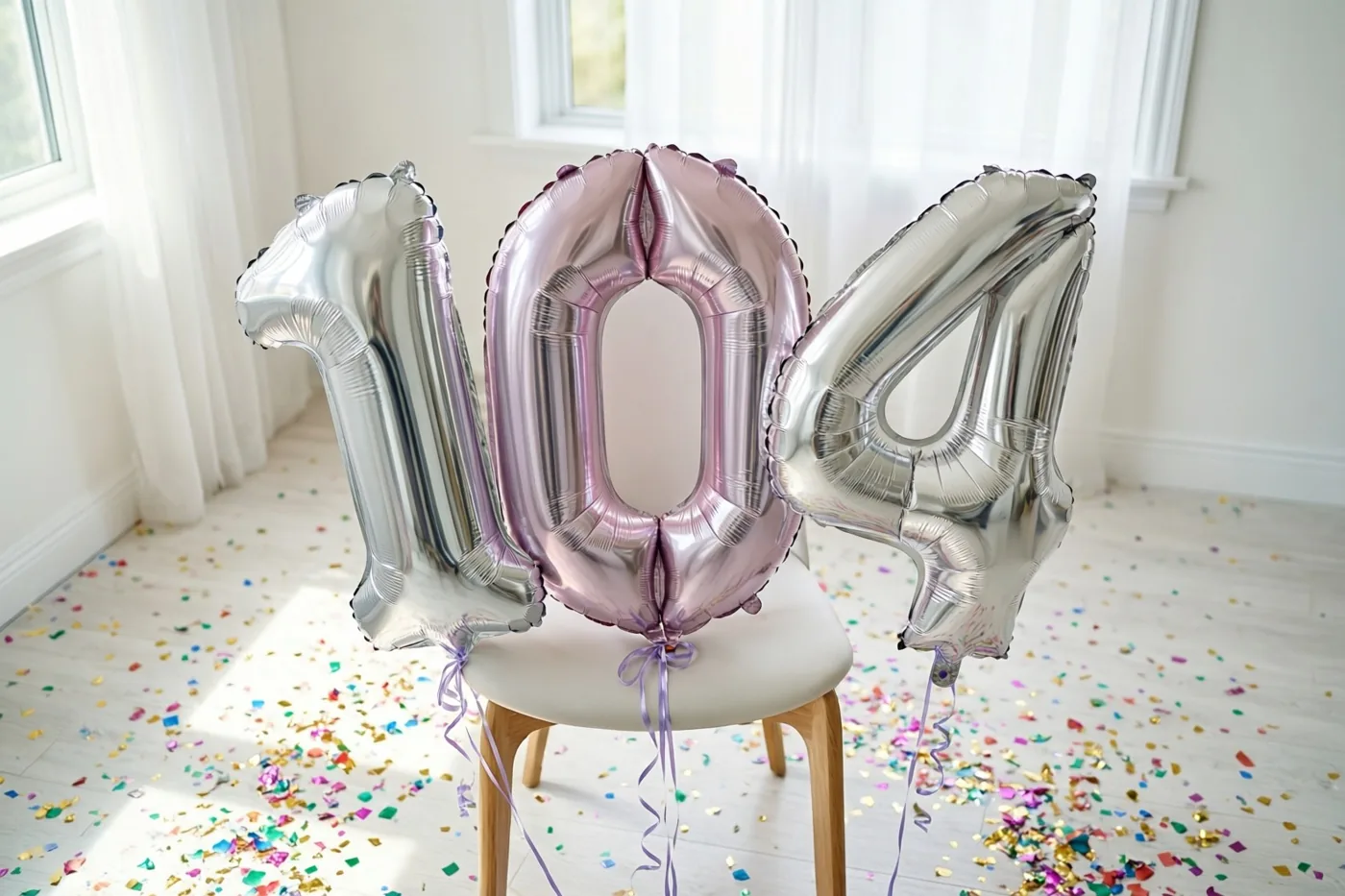 Zilveren en pastelroze folieballonnen vormen 104 aan een witte stoel in een lichte witte kamer met confetti op de vloer.