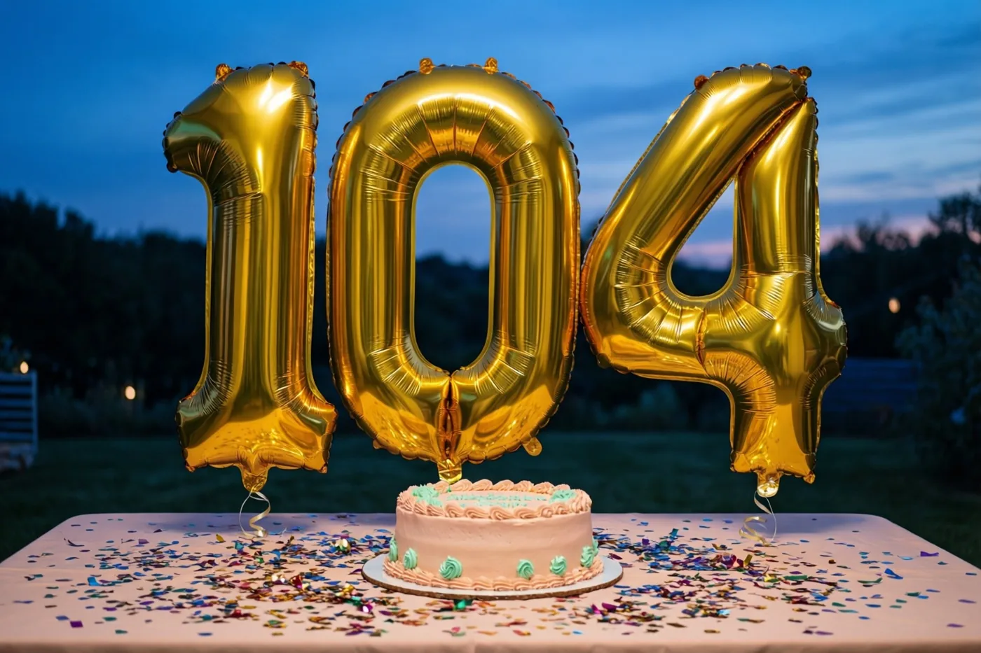 Gouden folieballonnen vormen 104 boven een tafel met confetti en een kleine taart, buiten bij schemering met een blauwe lucht en bomen erachter.