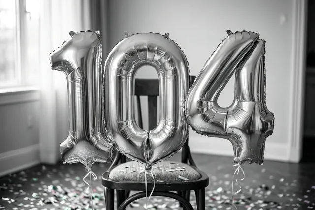 Een zwart-witfoto toont drie zilveren folieballonnen die 104 vormen aan een stoel in een lichte kamer met confetti op de vloer.