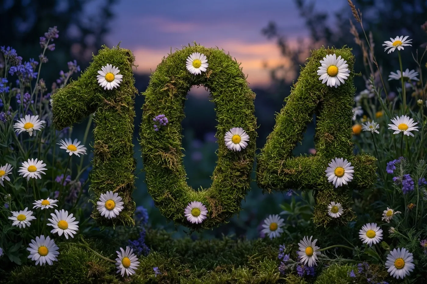 Een mossige haag vormt 104 met witte madeliefjes in een tuin met wilde bloemen onder een paars-oranje avondlucht.