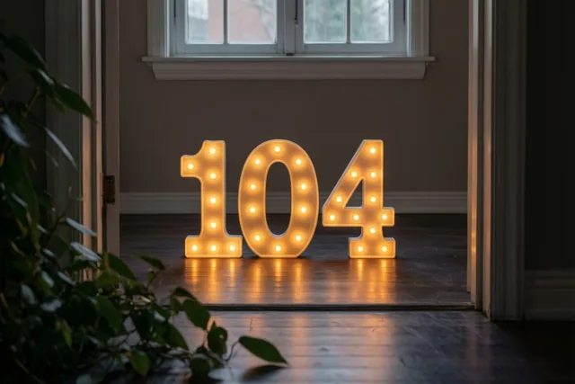 Grote cijfers met brandende lampjes vormen 104 op een donkere houten vloer, met een raam op de achtergrond en warmgeel licht in de kamer.
