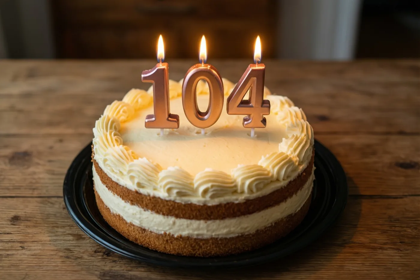 Een ronde roomtaart met brandende cijferkaarsjes die 104 vormen staat op een zwart bord op een houten tafel.