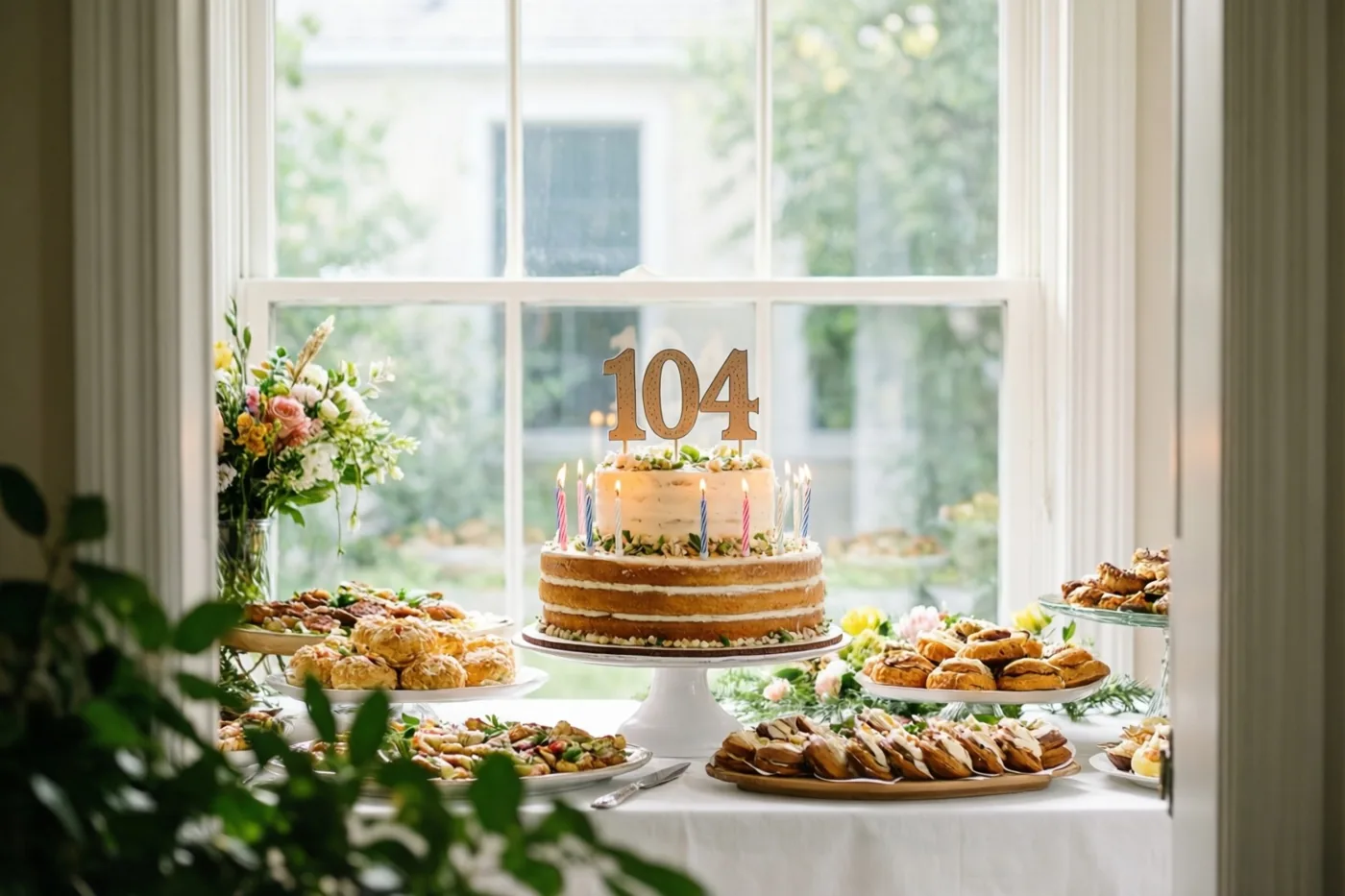 Een stapeltaart met een papieren 104 en brandende kaarsen staat op een buffettafel bij een raam in pastel- en aardetinten.