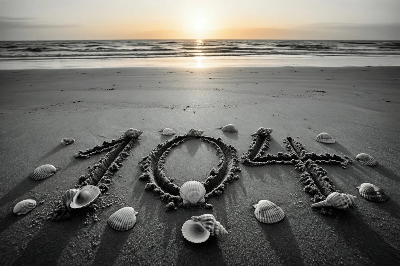 Het getal 104 is in strandzand getekend tussen schelpen, in een zwart-witbeeld met een warme zonsondergang aan de horizon.