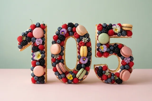 Een taart vormt 105 en is versierd met bessen, macarons en eetbare bloemen tegen een effen achtergrond in pastelroze en mintgroene tinten.