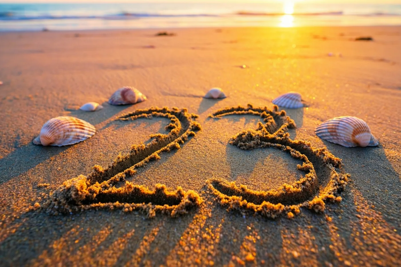 Het getal 23 is in het zand getekend tussen schelpen op een strand bij zonsondergang, met een kalme zee op de achtergrond.