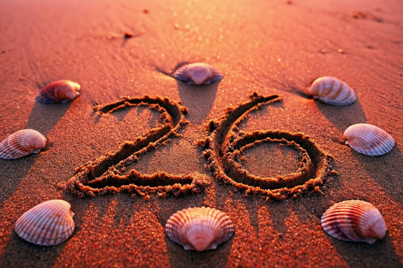 Het getal 26 is in het zand getekend tussen schelpen op een strand bij zonsondergang in warme oranje en rode tinten.